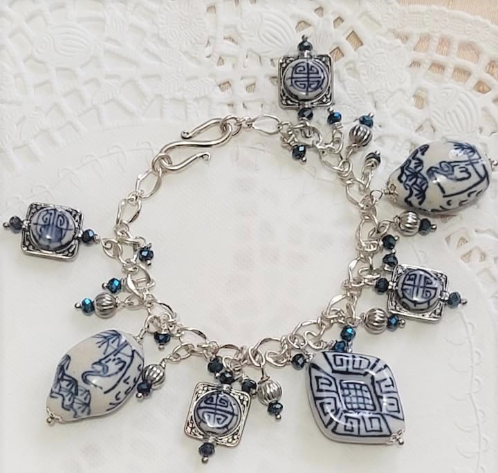 Asian Blue Pottery Bead and Crystal Hand Crafted Bracelet